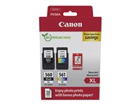 Canon PG-560XL/CL-561XL Photo Value Pack - Kiiltävä - 2 pakettia - Tuottoisa - musta, väri (sinivihreä, sinipunainen, keltainen) - alkuperäinen - ripustuslaatikko - mustekasetti/paperipaketti malleihin PIXMA TS5350, TS5351, TS5352, TS5353, TS7450 3712C008